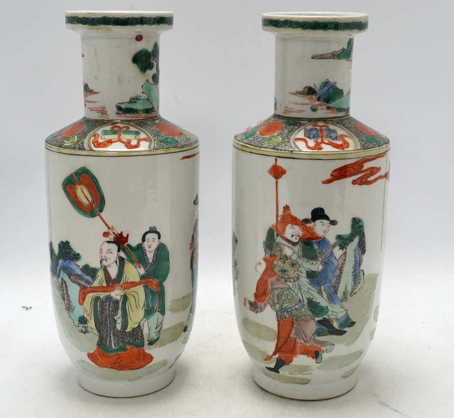 A pair of Chinese famille verte vases, hand painted with figures, 32cm high. Condition - good